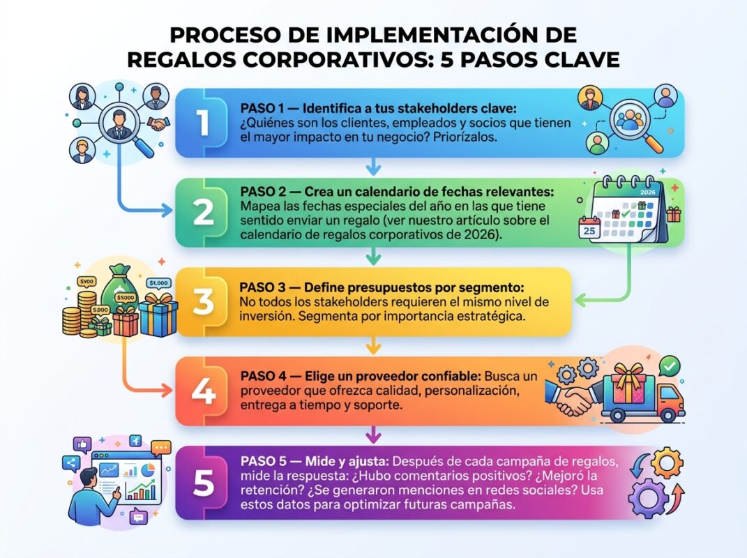 Diagrama de flujo vertical con los 5 pasos de implementación
