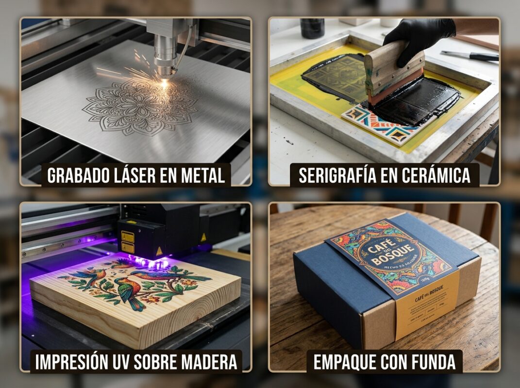 Collage de close-ups mostrando diferentes técnicas: grabado láser en metal, serigrafía en cerámica, impresión UV en madera, packaging con sleeve