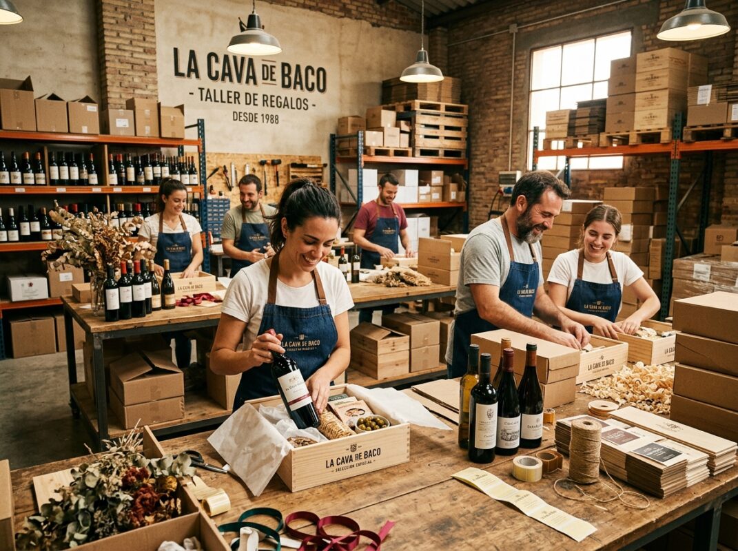 Equipo de La Cava de Baco armando gift boxes en el taller