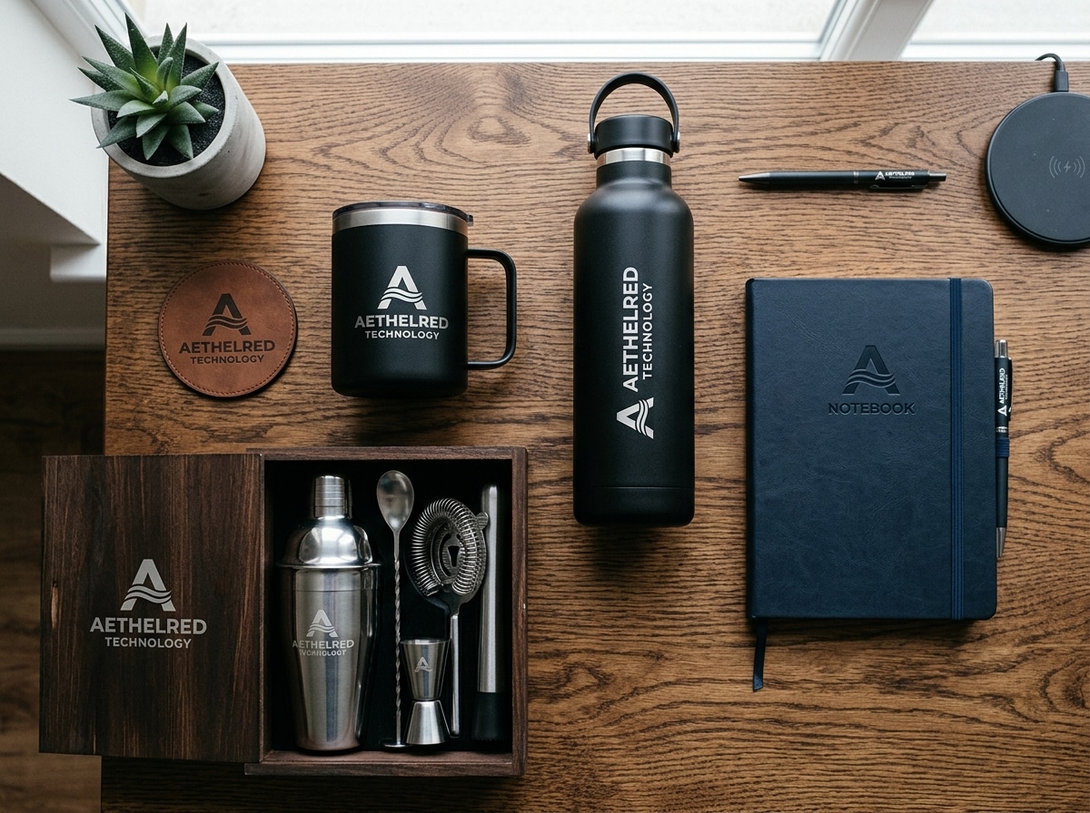 Composición flat lay de productos de merchandising corporativo sobre escritorio de madera: mug térmico, tomatodo, set de bar, libreta ejecutiva, todos con logos corporativos.