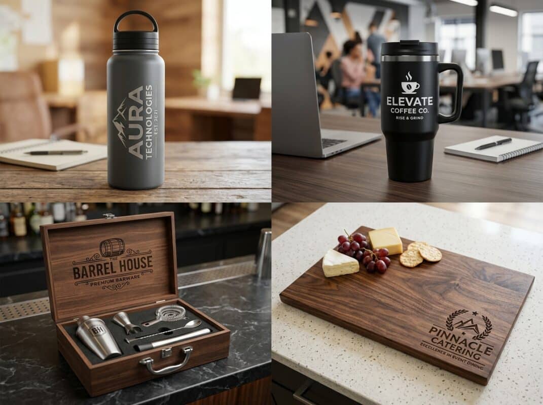 Grid de 4 fotos de producto: 1) Tomatodo metálico con grabado láser, 2) Mug térmico en escritorio, 3) Set de bar en estuche abierto, 4) Tabla de madera con grabado. Todos con logos corporativos visibles.