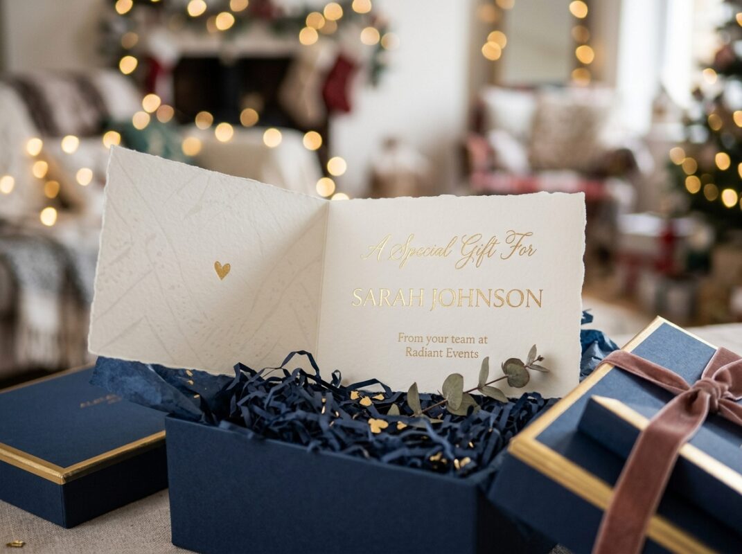 Detalle de tarjeta personalizada con el nombre del cliente dentro de gift box